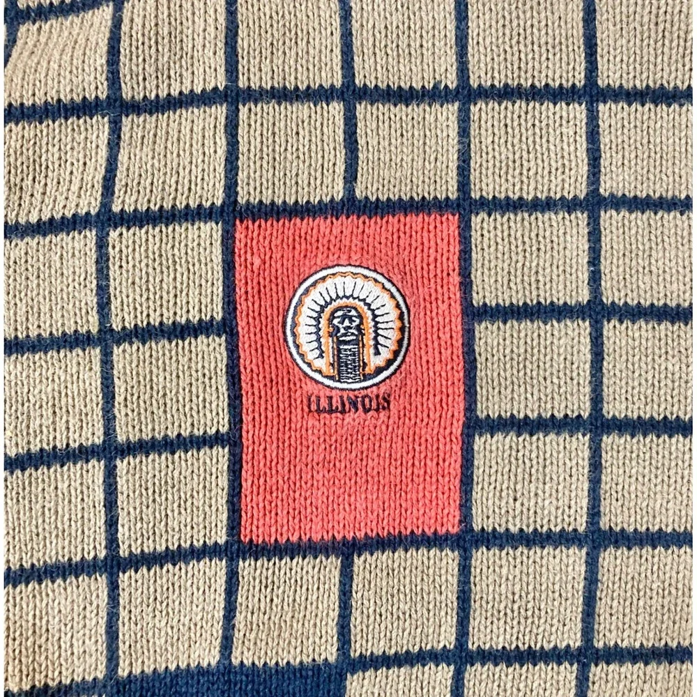Vintage Aureus Mens Illinois Grid Colorblock Sweater‎ Tan Navy Coral Large